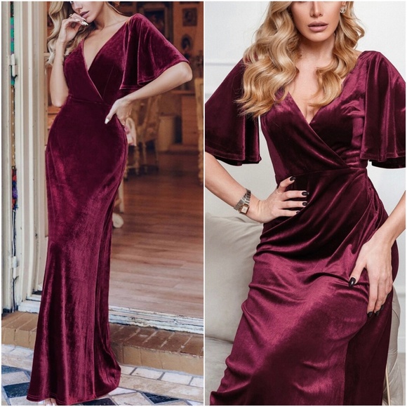 rust Brown Velvet Off Shoulder formal party evening wedding prom Luxe dress - Picture 8 of 14